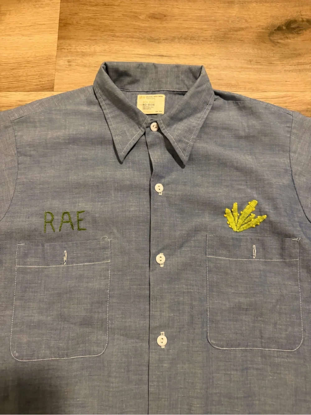 Vtg 70s BIG MAC Chambray Shirt Short Sleeve Sz M Western Chain Stitch